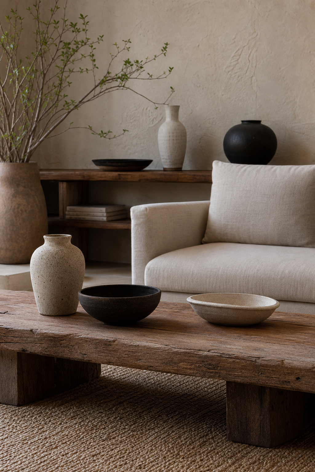 Japandi living room coffee table styled with handmade ceramics