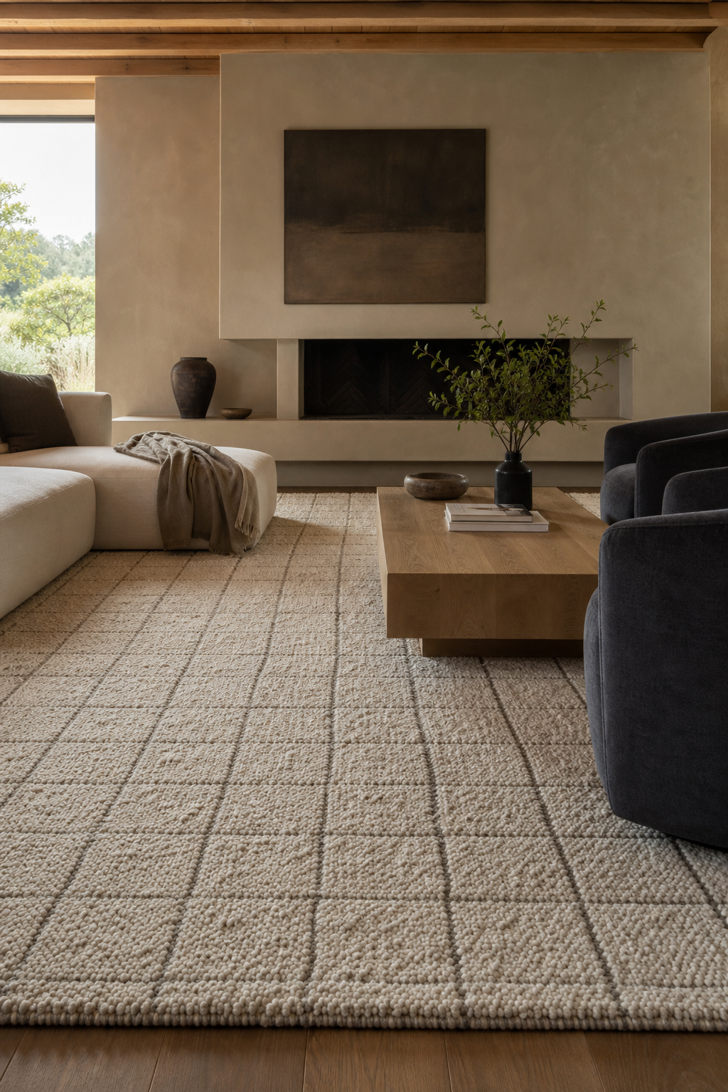 Contemporary living room with oversized textured wool rug anchoring the seating area