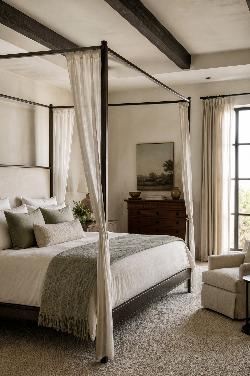 Luxury master bedroom with refined canopy bed and linen drapery
