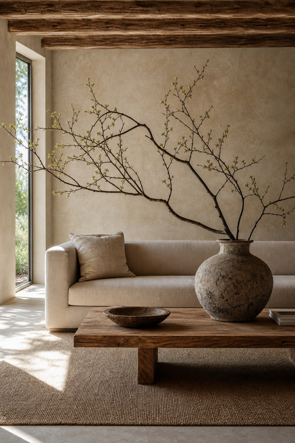 style one oversized branch in a cozy minimalist living room