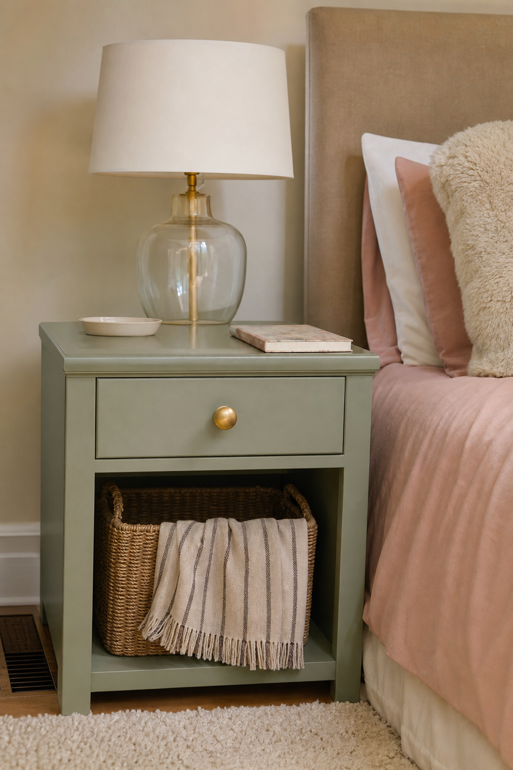 Teen bedroom nightstand painted soft sage with new hardware