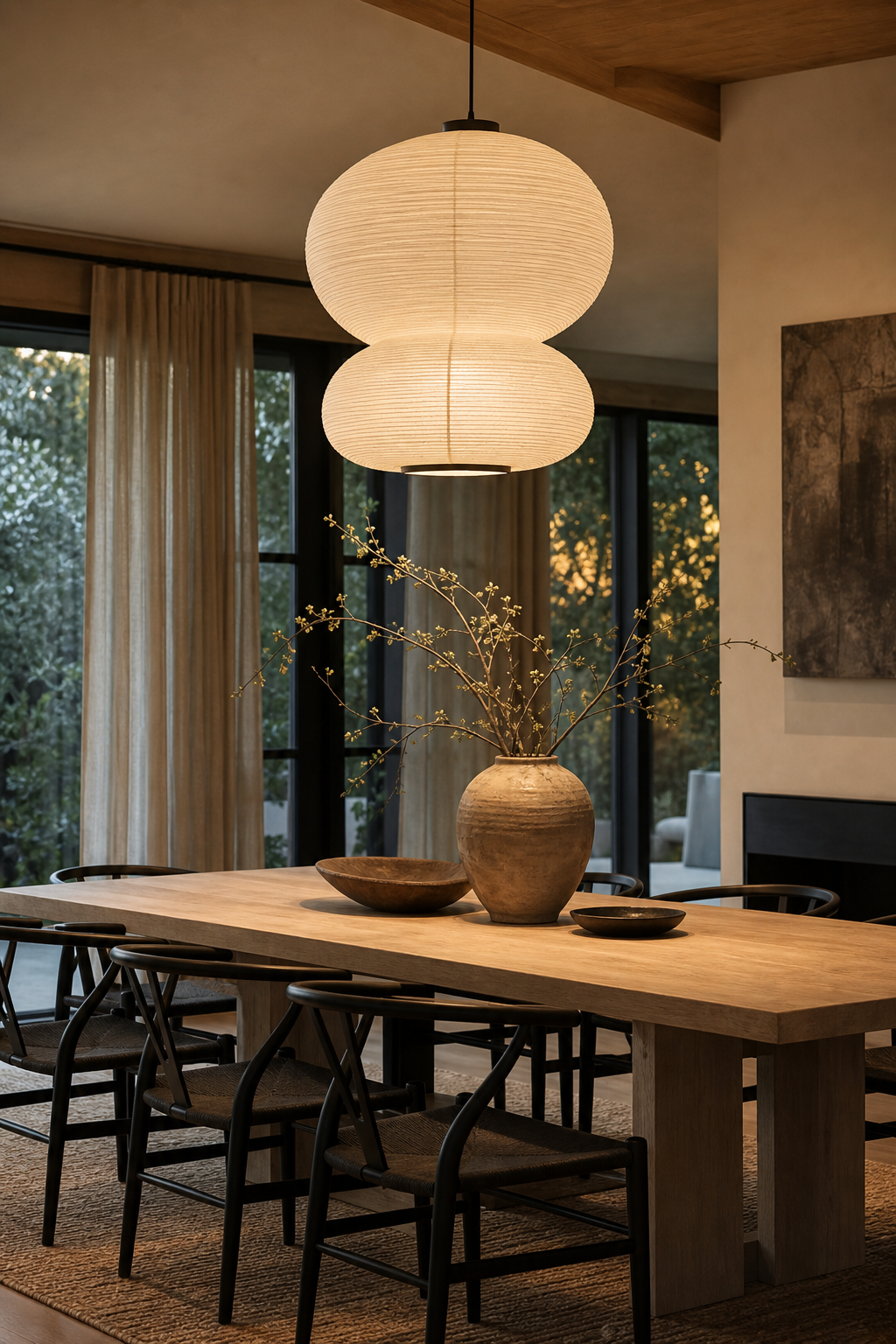 Japandi dining room with sculptural rice paper pendant