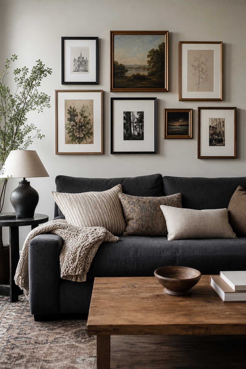 Dark grey couch styling idea with create a gallery wall above it