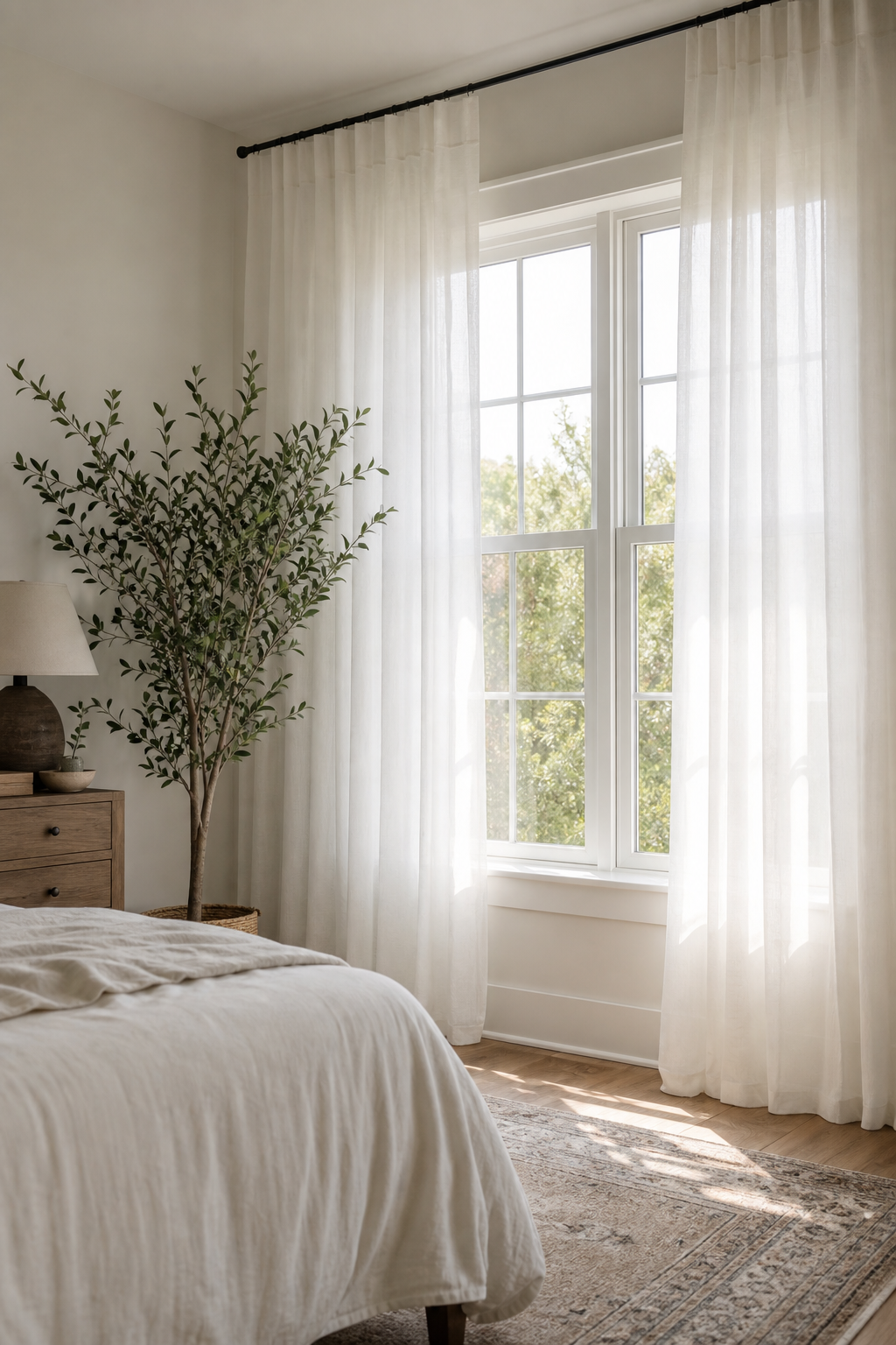Sheer curtains filtering daylight in a soft Pinterest inspired room