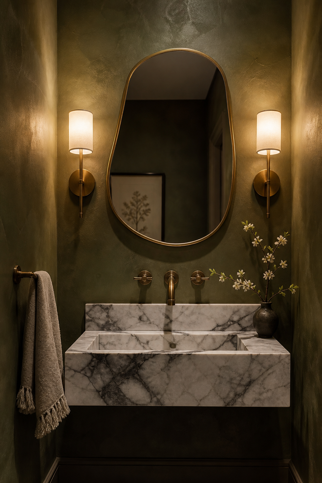 Moody olive powder room with marble sink, brass fixtures, and sculptural mirror