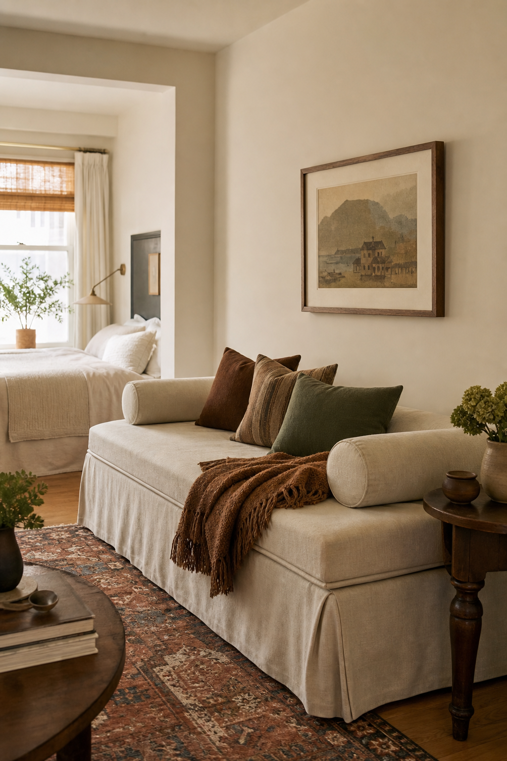 Studio apartment daybed styled as cozy flexible seating