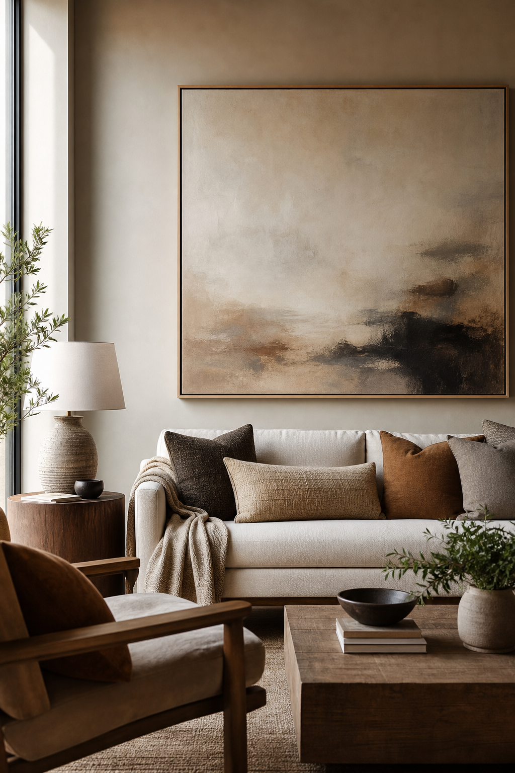 Living room with quiet large-scale art above sofa, warm neutral palette, wood frame, layered pillows, soft designer lighting
