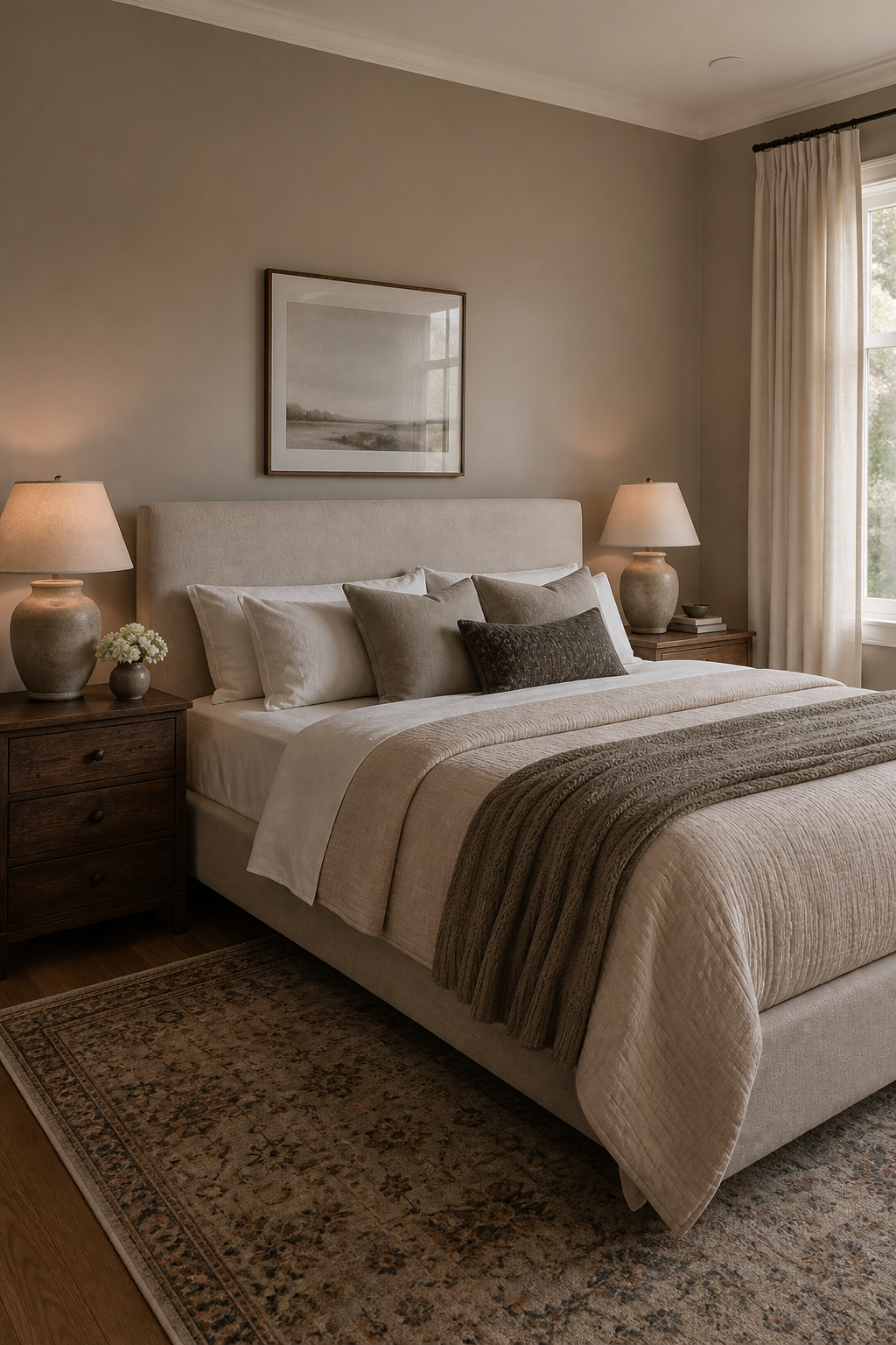 Cozy bedroom with soft mushroom wall color behind the bed