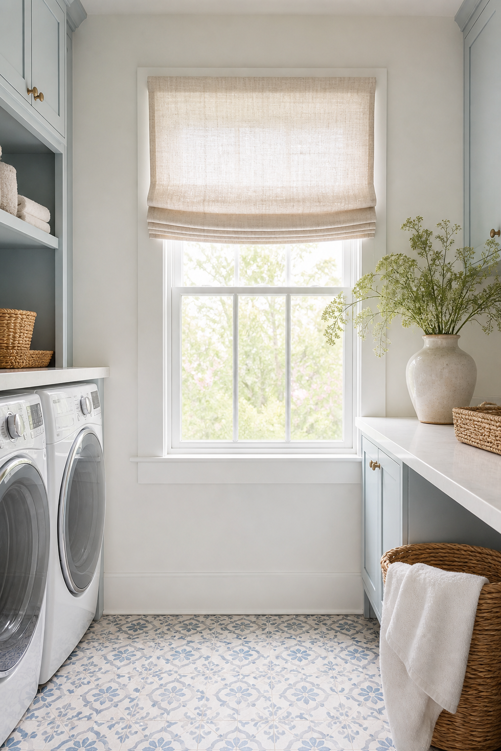 Laundry room window dressed with a soft Roman shade
