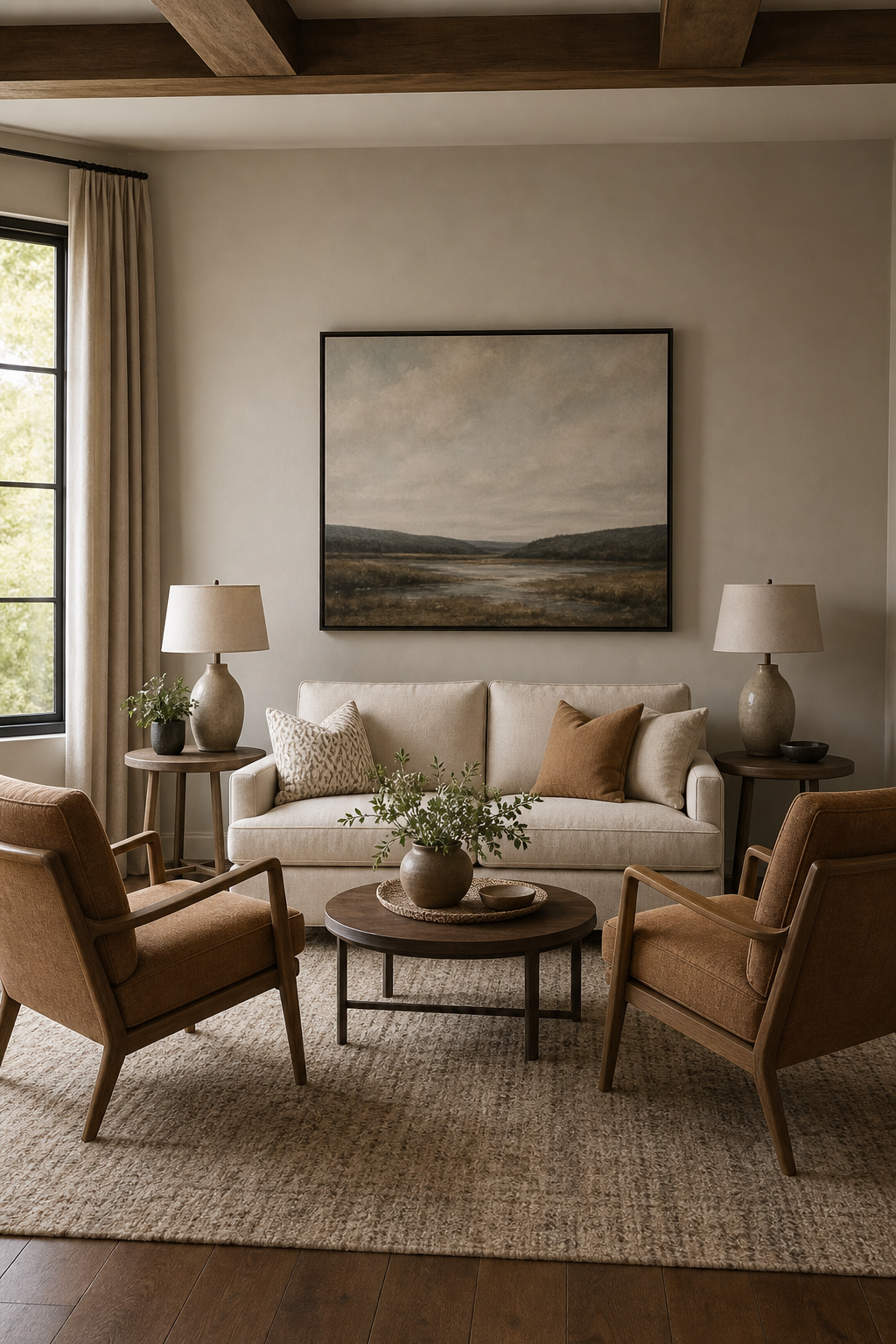 Mix one sofa with two accent chairs in a cozy designer conversation room