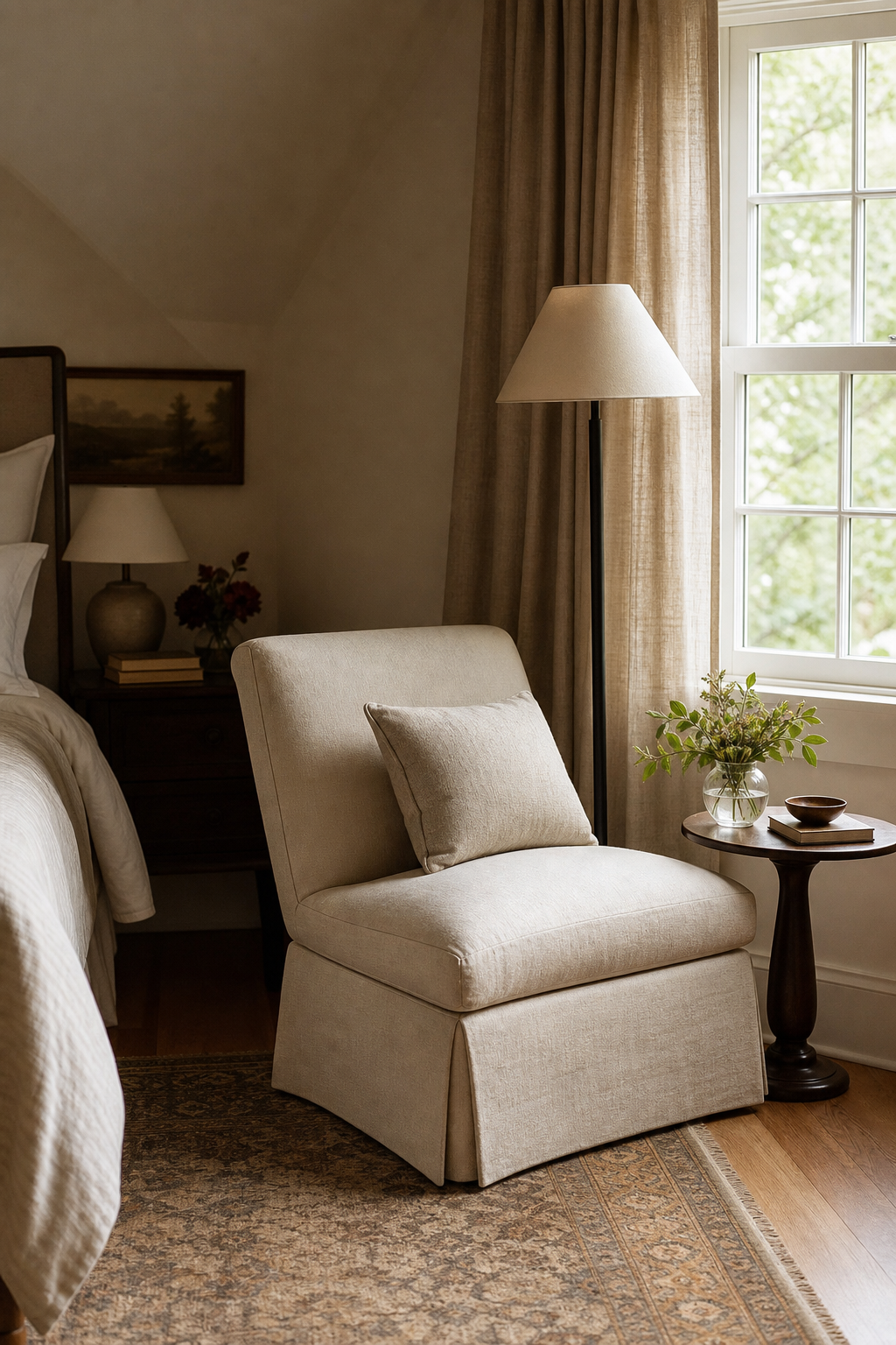 Small bedroom reading corner with upholstered chair and floor lamp