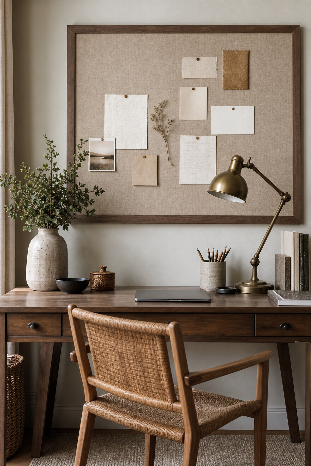 Cozy home office with framed linen pinboard above desk, neatly pinned notes without readable text, lamp, wood chair