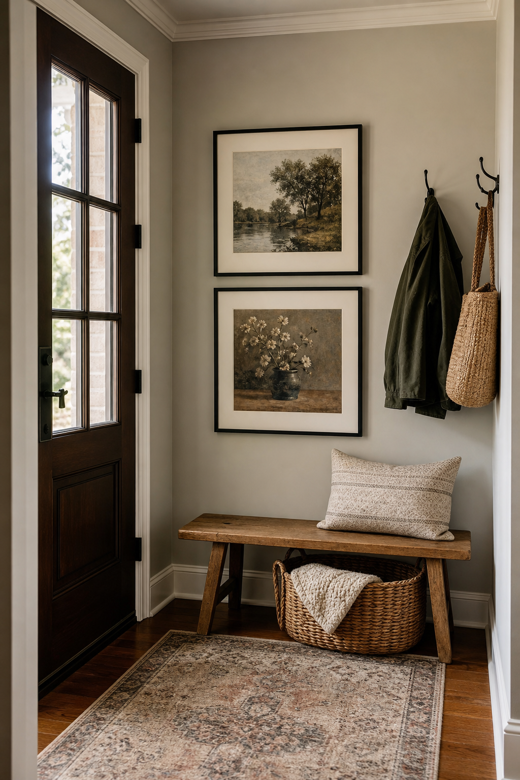 Entryway with framed art beside the front door