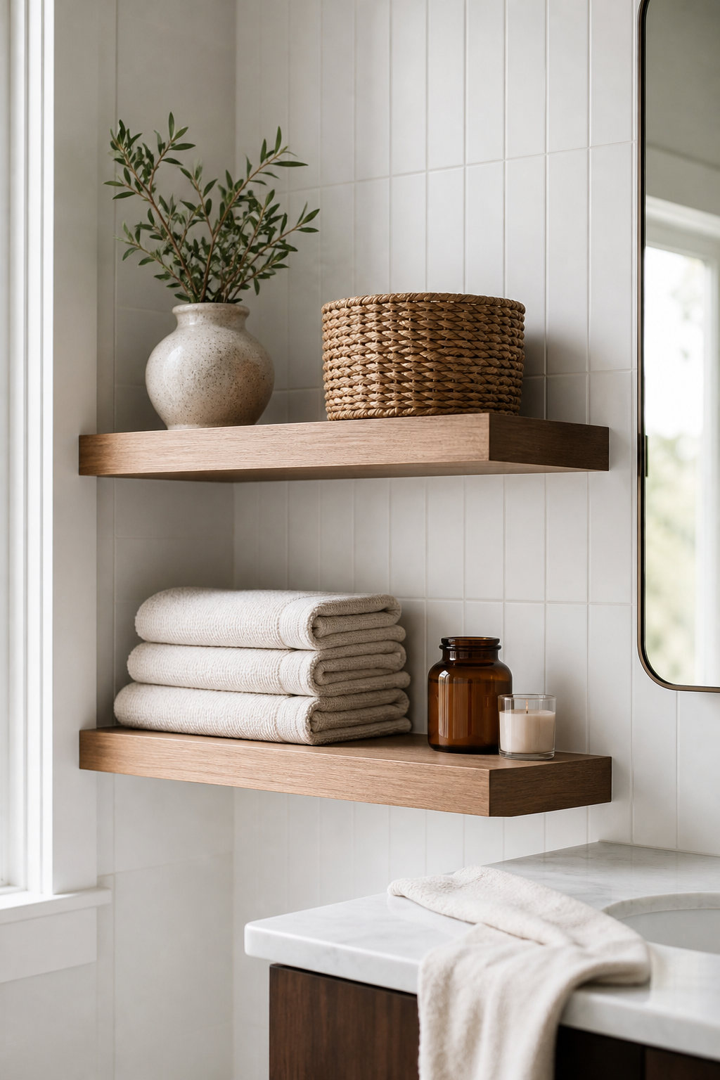 Bathroom floating shelves styled with towels basket and ceramic vase