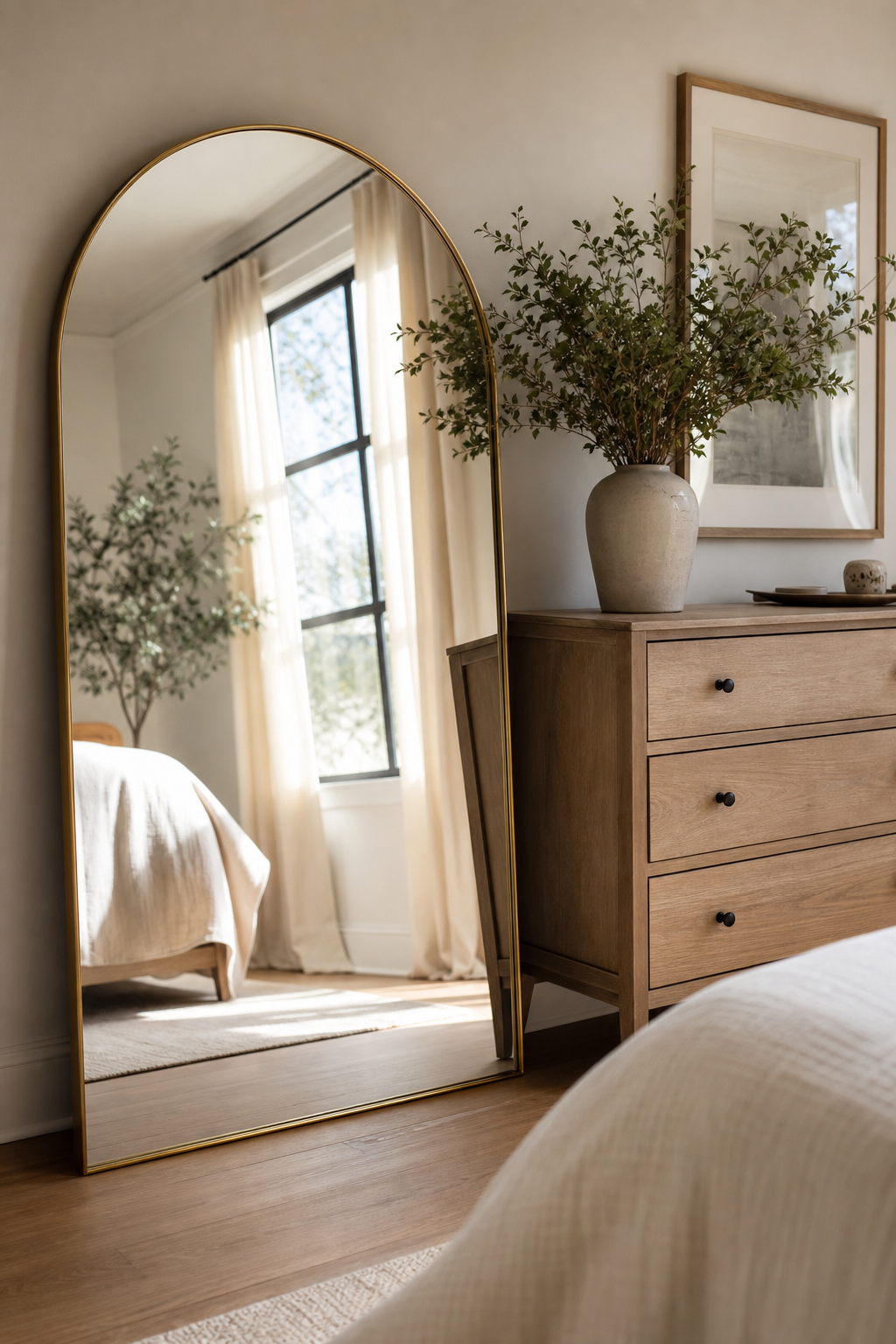 Use A Large Mirror To Bounce Light in a cozy Pinterest-worthy bedroom