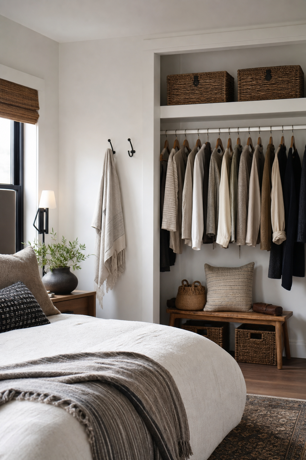 Guest bedroom with open closet space, matching hangers, baskets, hooks, bench, tidy neutral design