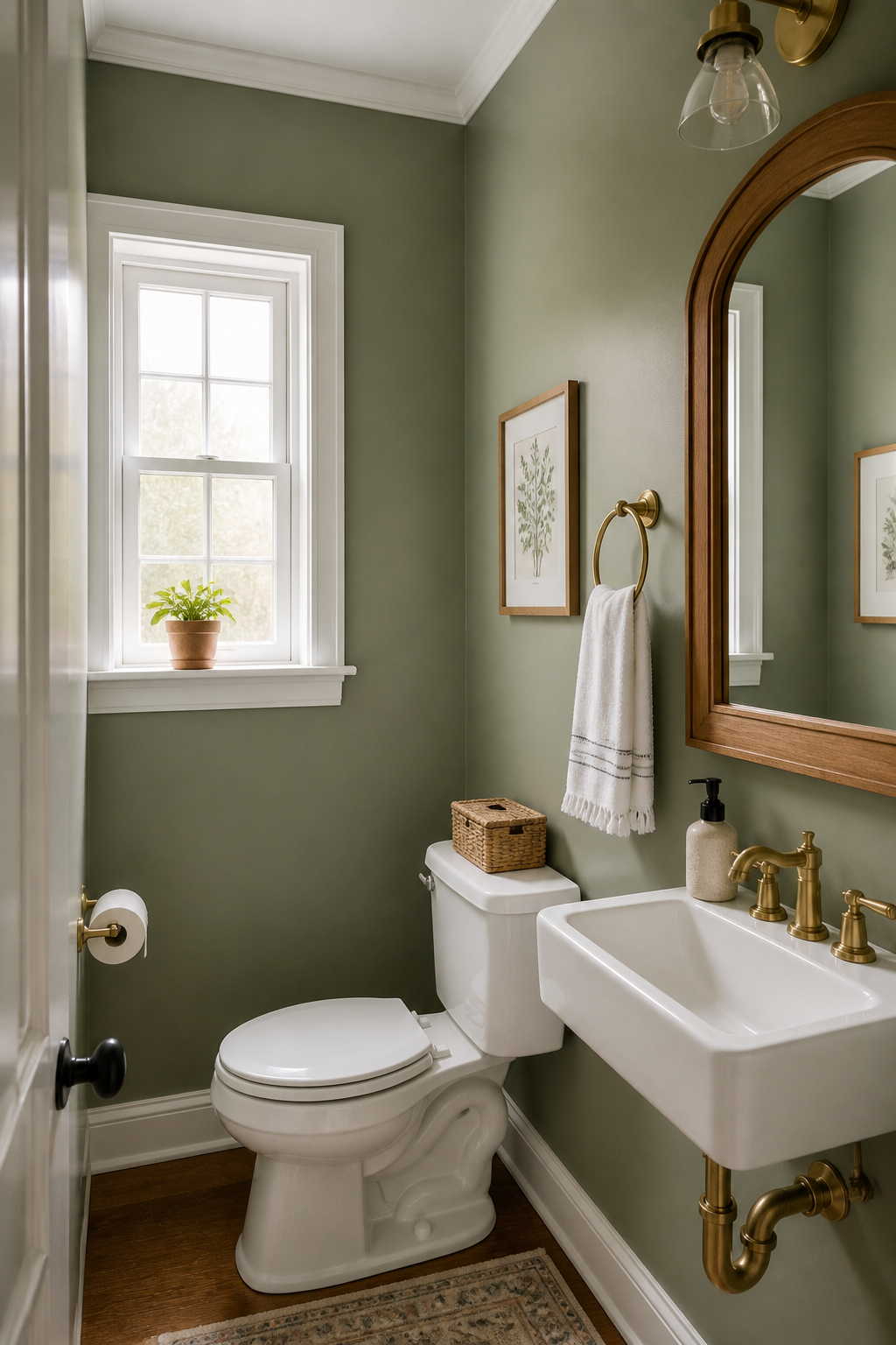 Small half bathroom with muted green walls, white trim, compact sink, wood mirror, and brass hardware