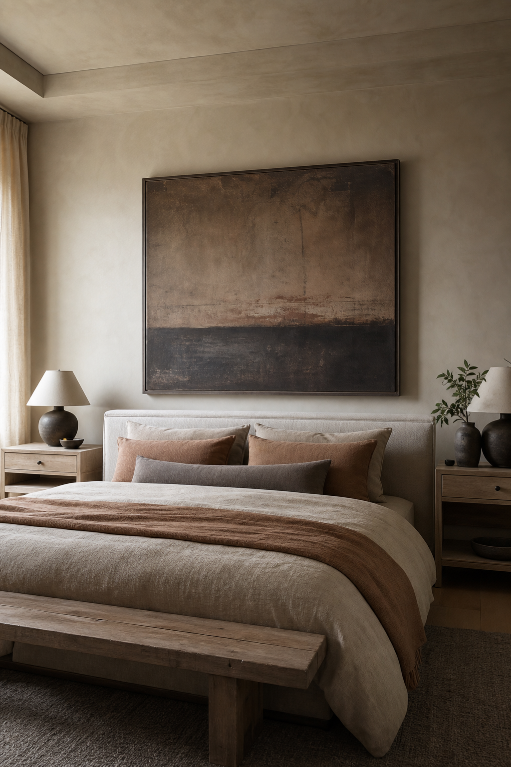 Minimalist bedroom with one large quiet abstract artwork above the bed