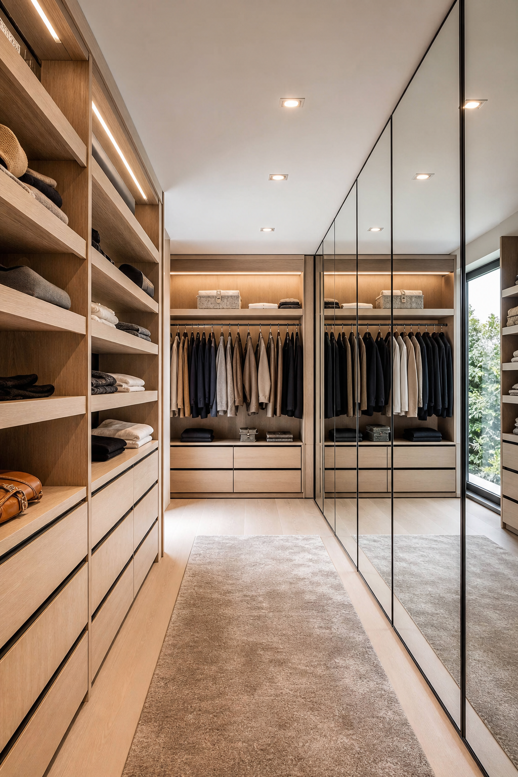 Use Mirrors To Expand The Layout in a neat stylish walk-in closet