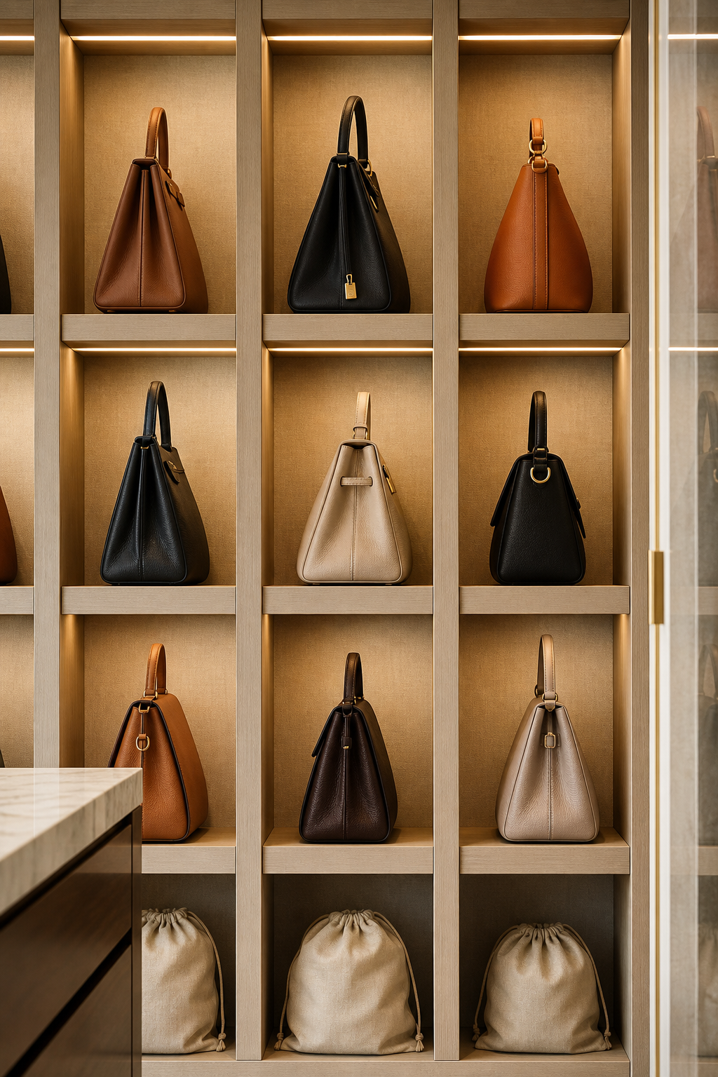 Dressing closet idea with reserve cubbies for handbags