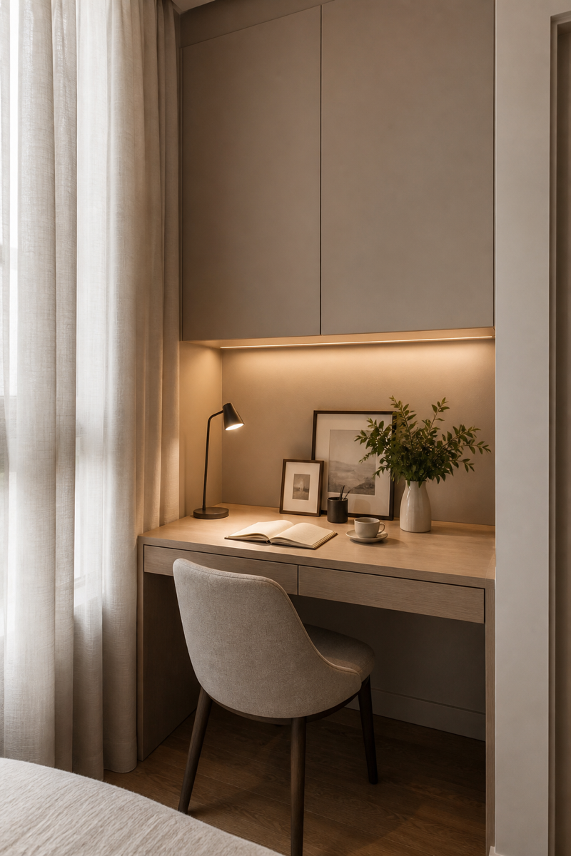 Small room makeover with a compact pale oak desk nook