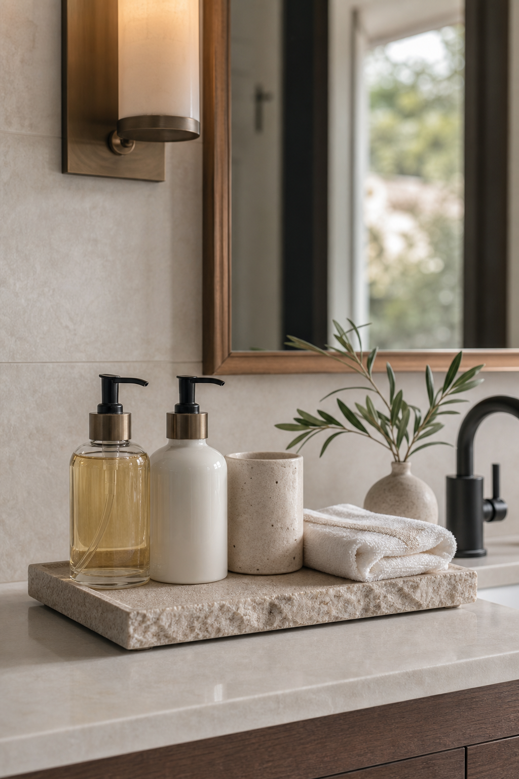 Style vanity with tray in a spa-like guest bathroom