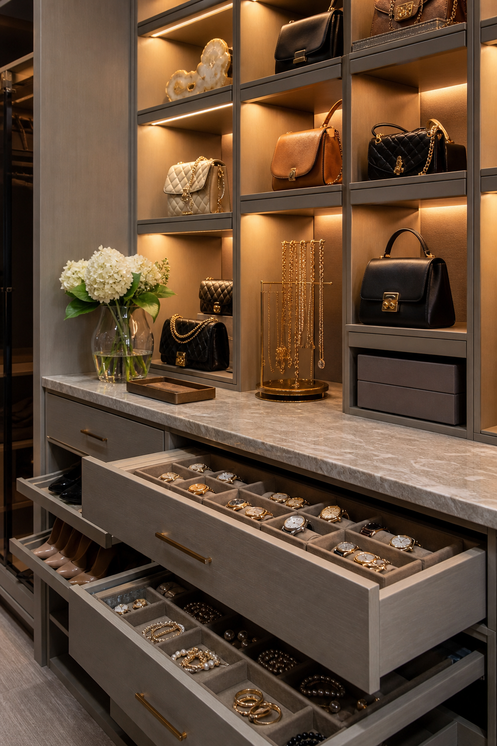 Neat clothing room with separate workwear from casual clothes