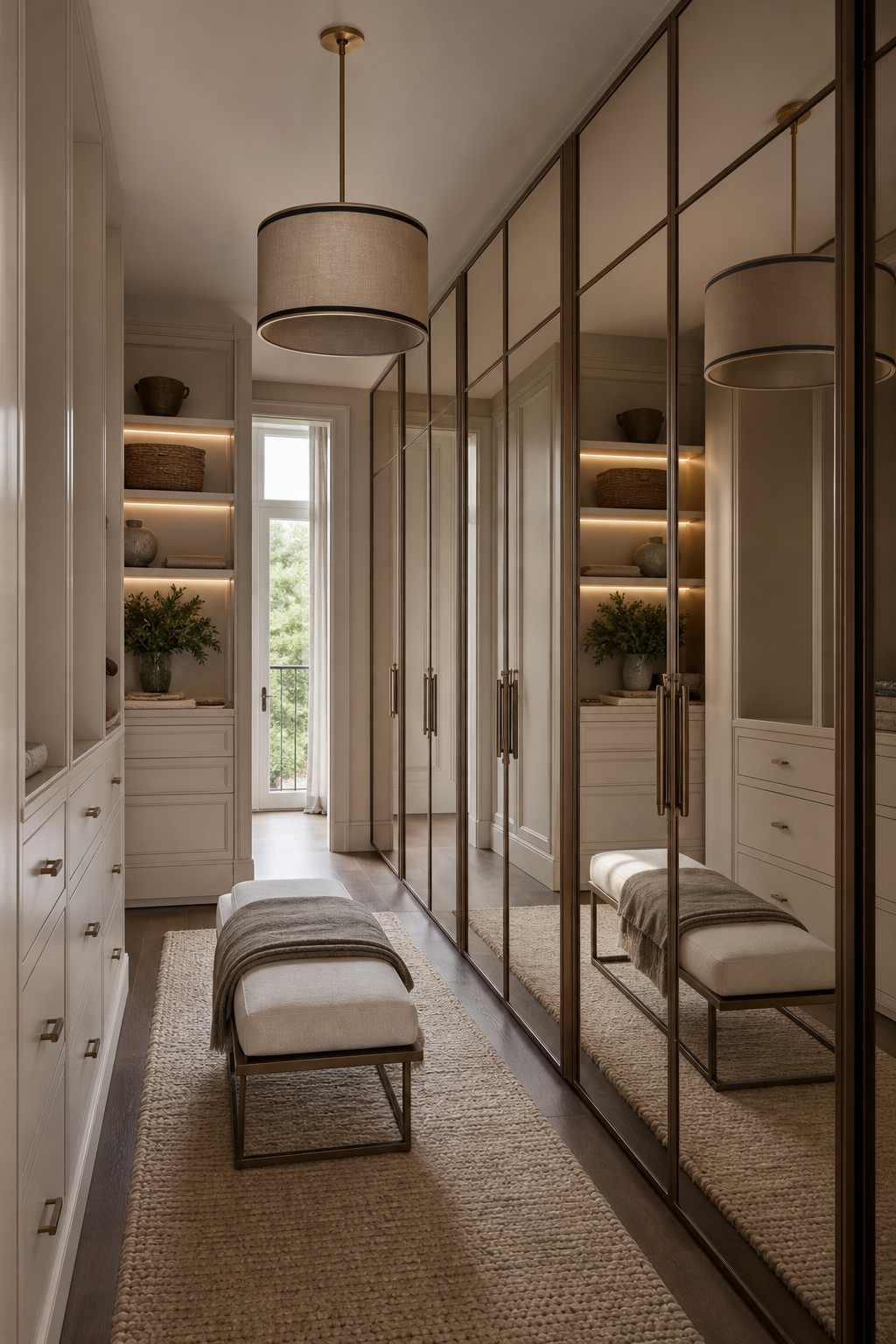 Narrow closet with bronze-tinted mirrored wardrobe doors, cream cabinetry, and an upholstered bench