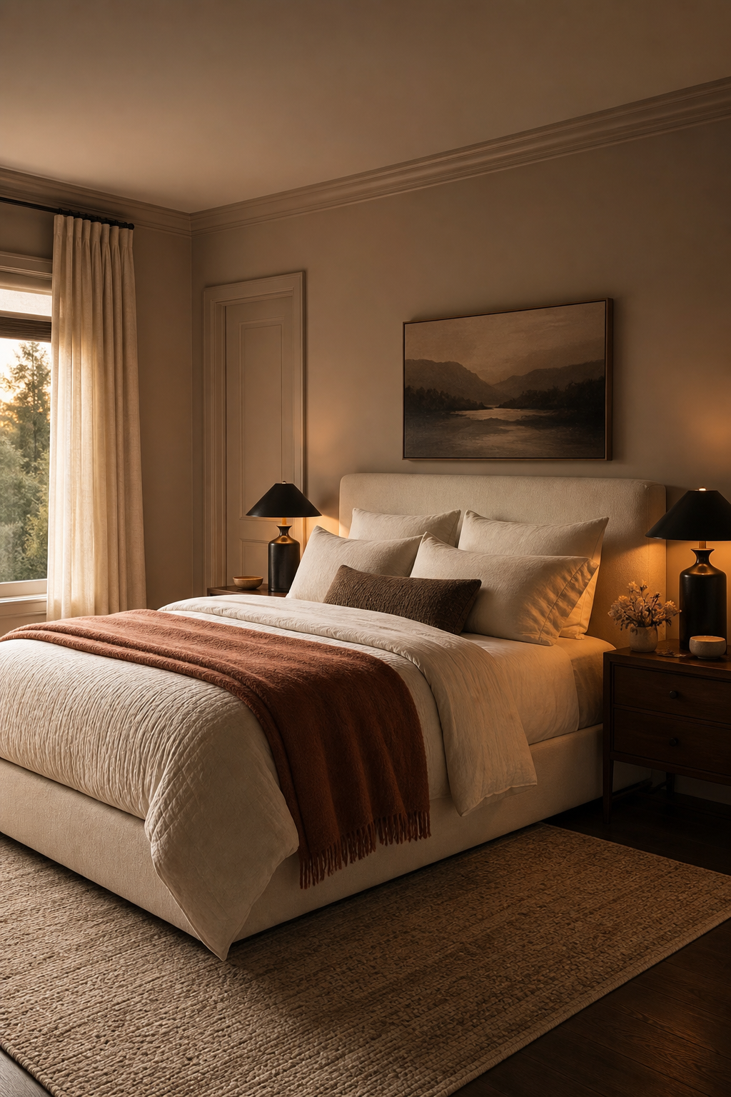 Cozy bedroom with mushroom painted walls, matching trim, and layered neutral bedding