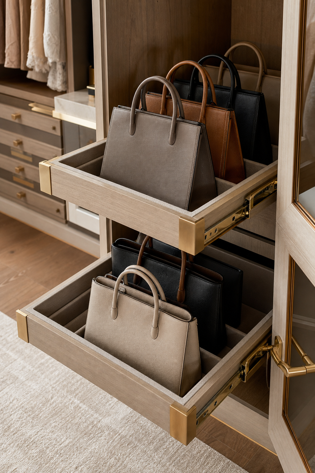 Use Pull-Out Bag Trays in a neat stylish handbag closet
