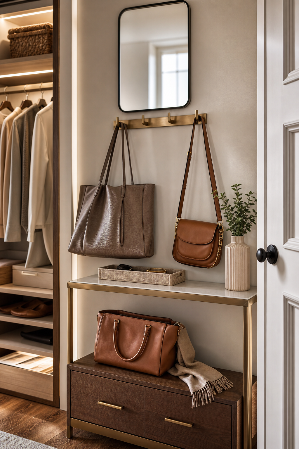 Add A Low Bench For Packing Bags for Handbag Organization Ideas For A Neat Stylish Home