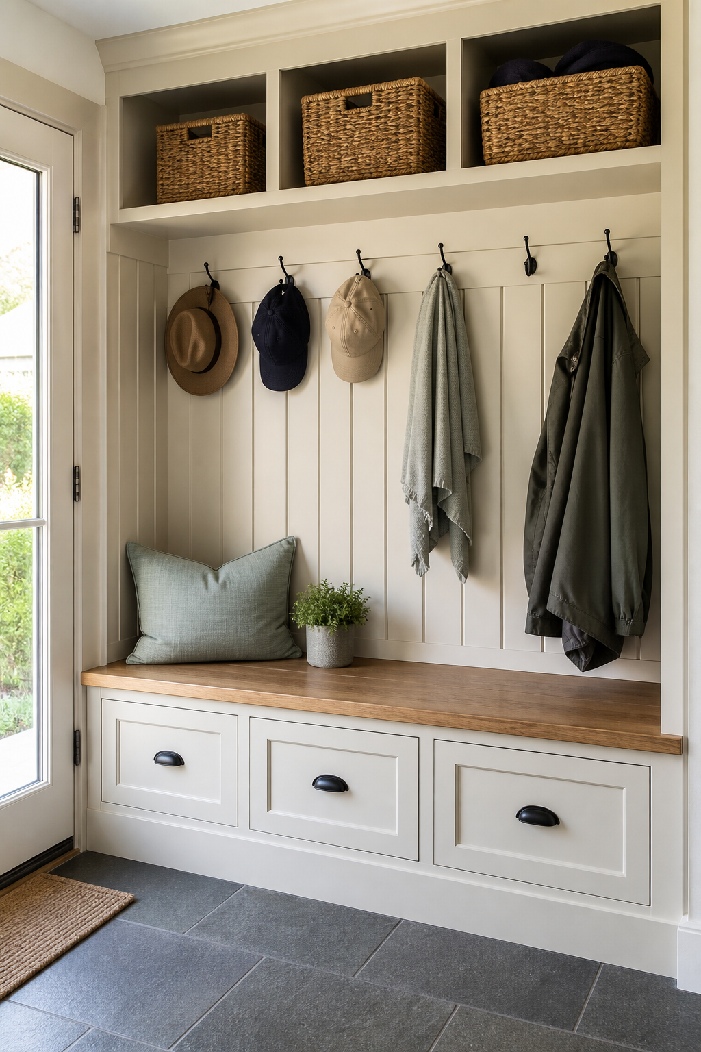 Create A Mudroom Drop Zone for neat stylish hat storage