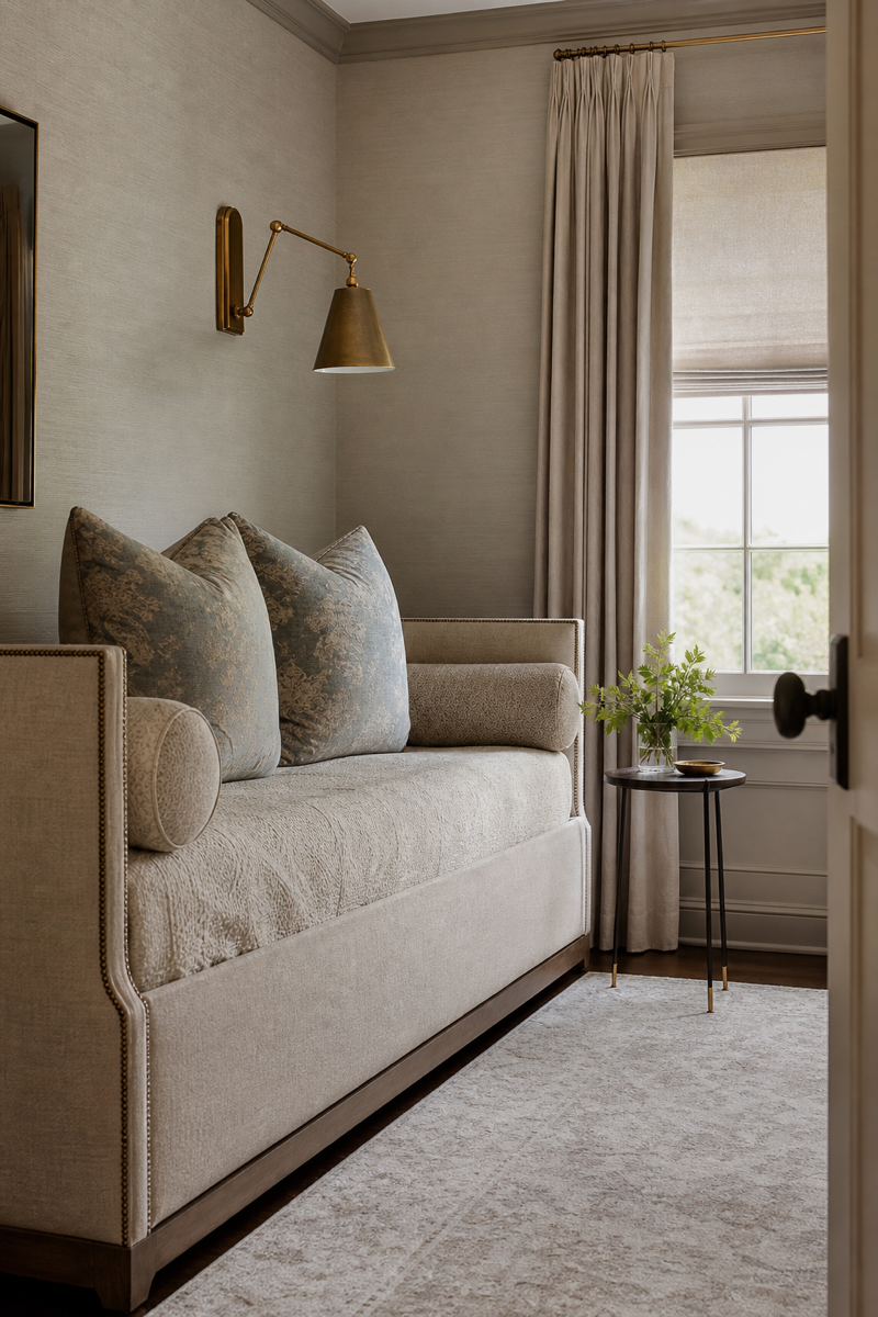Small guest room with tailored upholstered daybed and bolsters