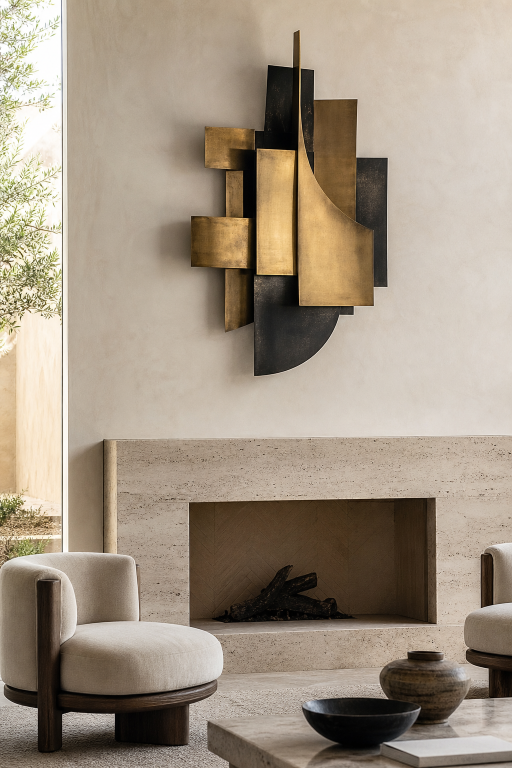 Metal wall sculpture above fireplace