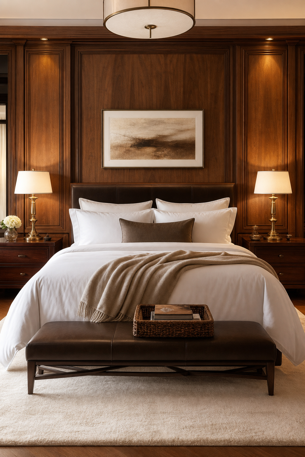 Walnut hotel-inspired bedroom with white bedding and antique brass lamps