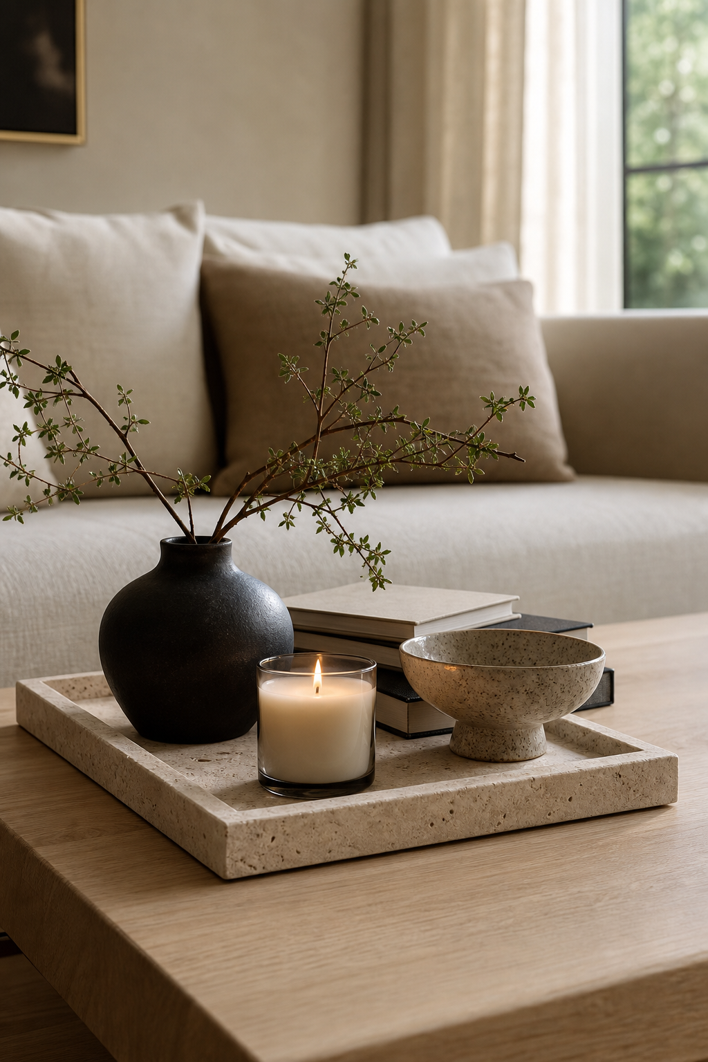 Aesthetic coffee table tray with candle ceramic bowl and branches