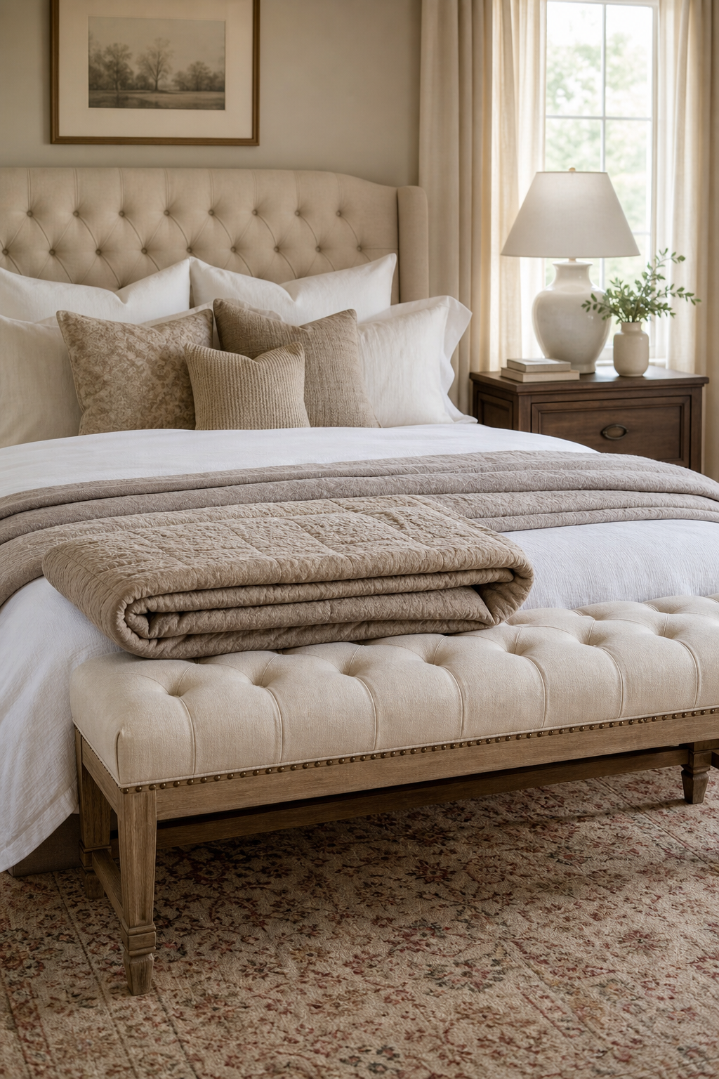 A bench at the foot of the bed