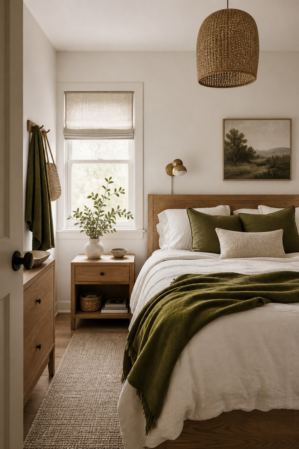 Small bedroom decorated with warm white oak and olive tones
