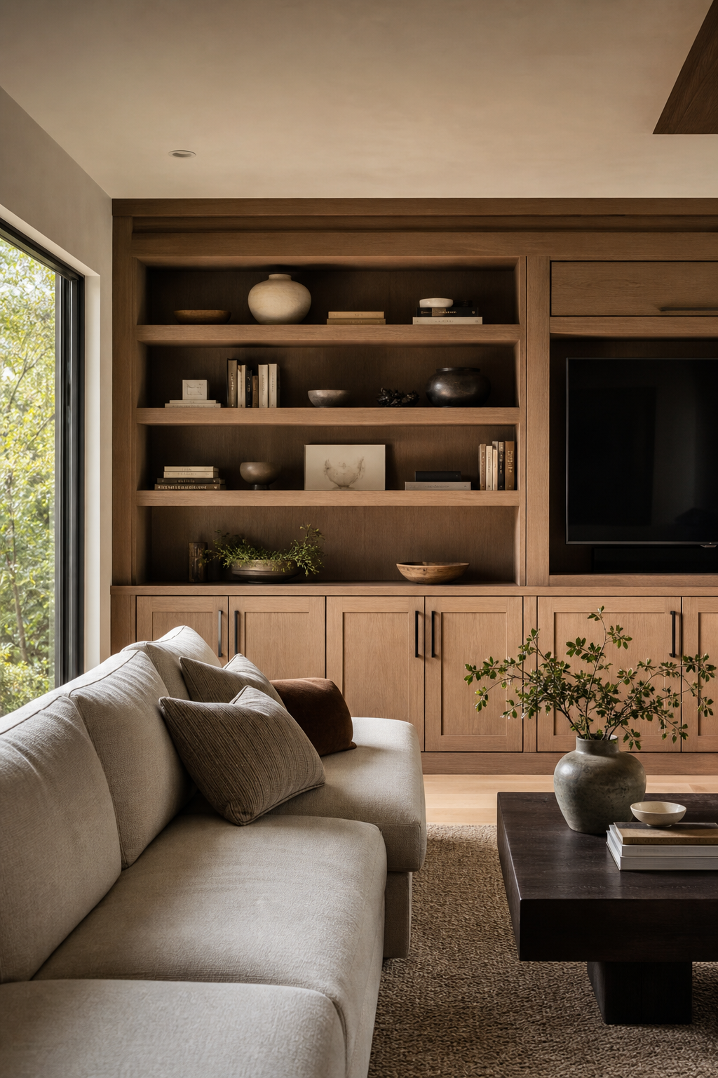 Luxury family room with custom oak built-in storage and styled open shelves