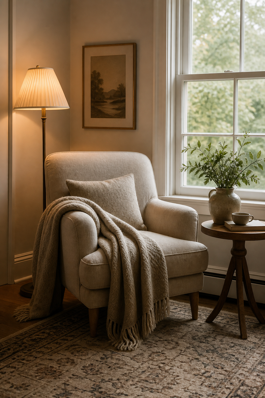 Cozy aesthetic reading corner with chair lamp and side table