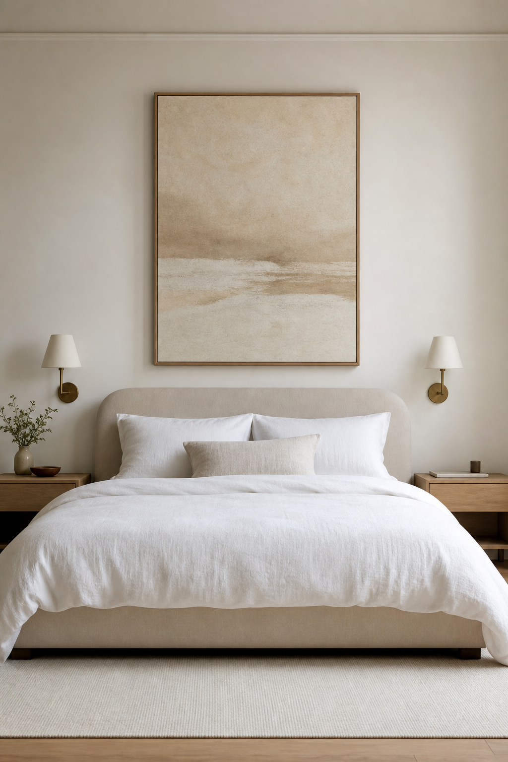 Minimal bedroom with one large tonal abstract artwork above a cream upholstered bed