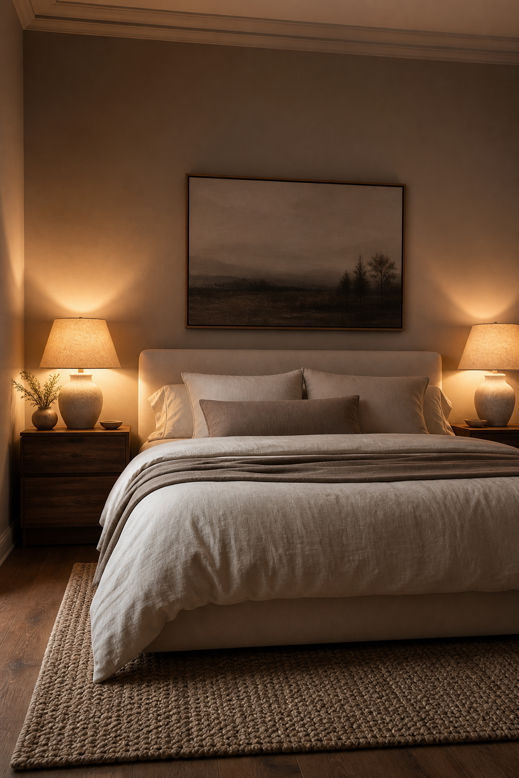 Earthy bedroom with ceramic bedside lamps, linen shades, and warm evening light