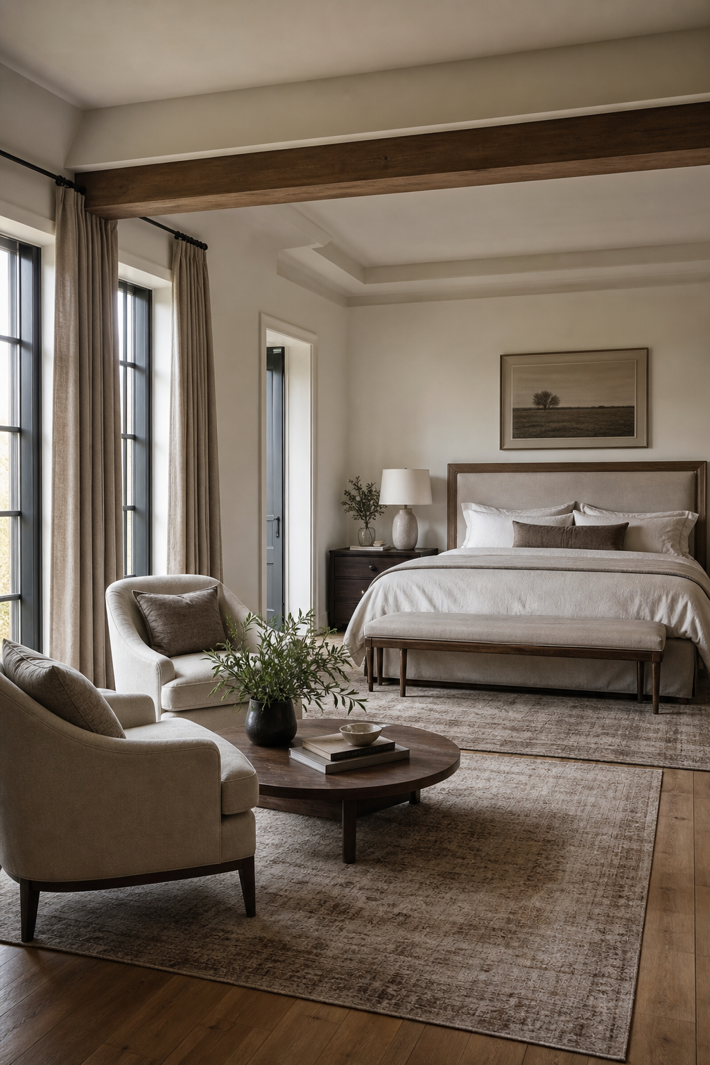 Large luxury bedroom with separate bed and seating zones, lounge chairs, fireplace, layered rugs, and soft neutral decor