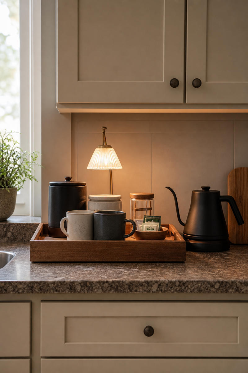 Warm kitchen coffee and tea station with ceramic canisters and wood tray