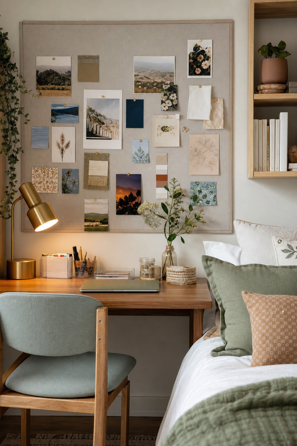Dorm desk with linen pinboard, photos, art cards, and warm lamp