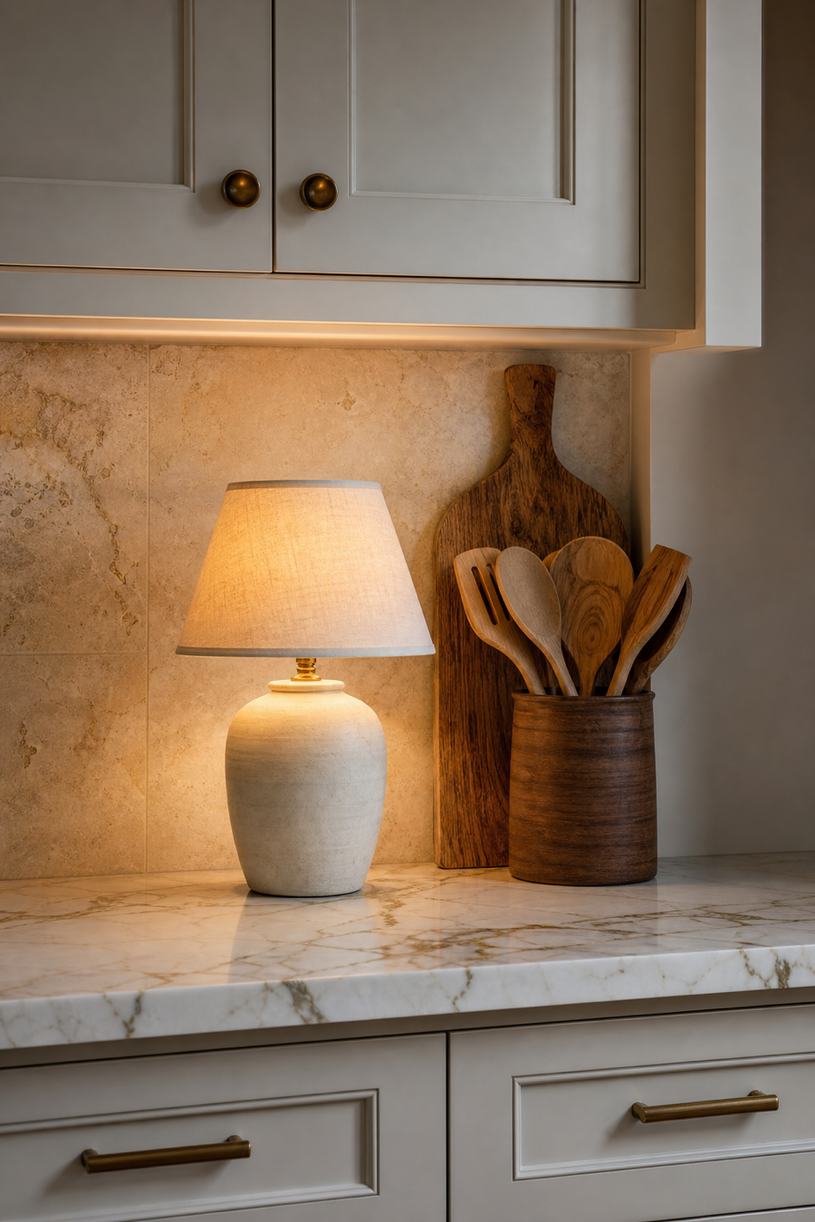 Warm neutral kitchen counter styled with a small ceramic lamp
