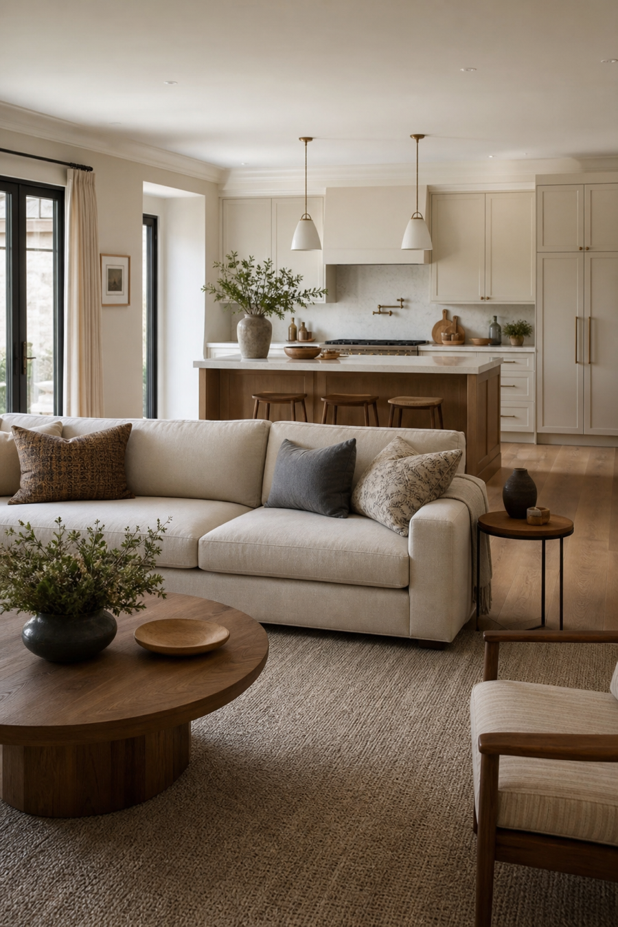 Open kitchen connected to living area anchored with a large rug