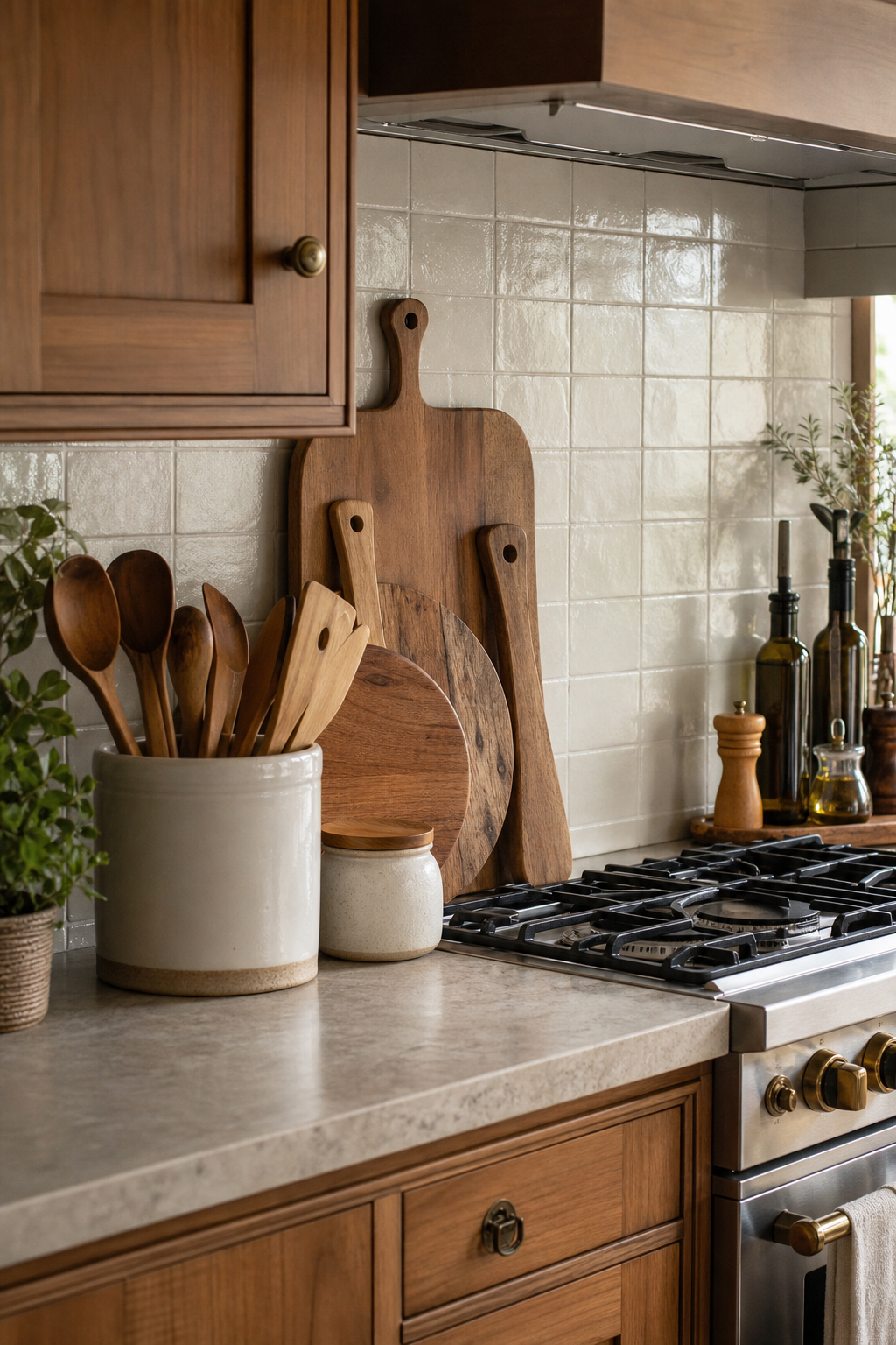 Cozy kitchen counter with displayed cutting boards, utensil crock, and tile backsplash