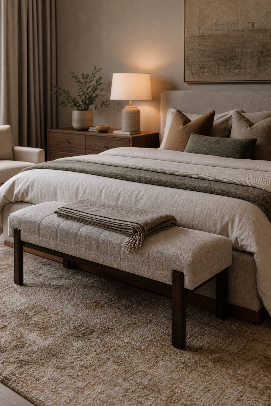 Upholstered bench finishing the foot of a layered bed