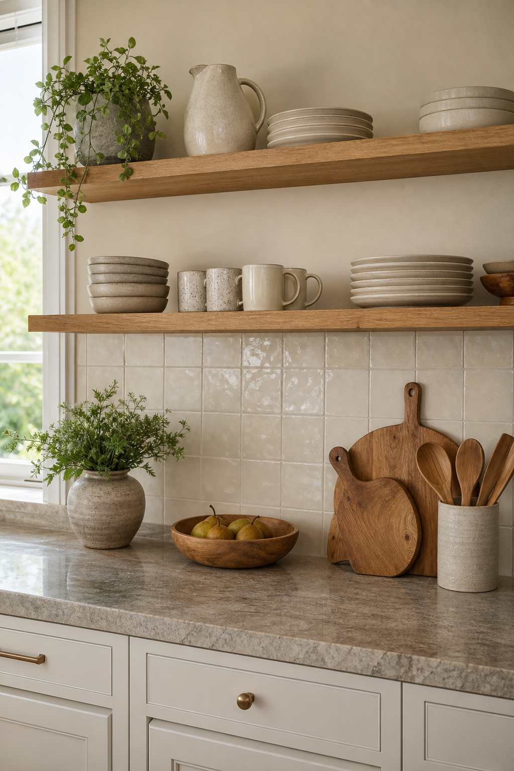 Simple kitchen with two warm wood open shelves for everyday plates bowls mugs and ceramics